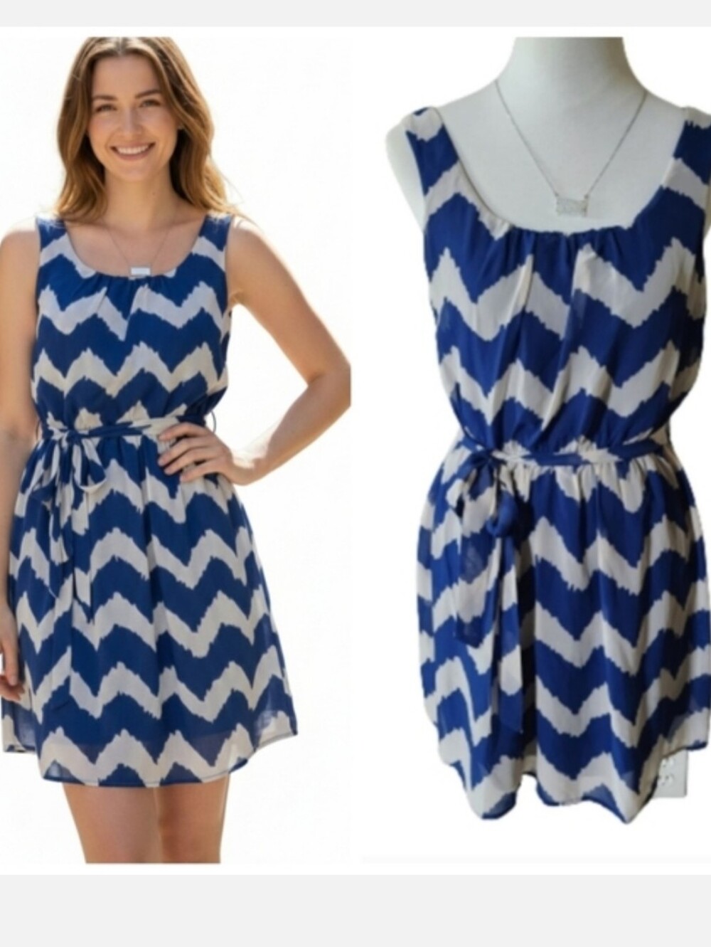 Lily Rose milkmaid dress blue and cream sleeveless chevron striped size Small